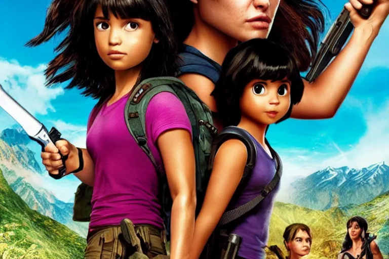 Prompt: Dora the Explorer (played by Isabela Merced) vs Lara Croft (played by Angelina Jolie), movie poster, film by James Bobin and Simon West