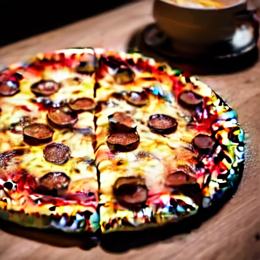 Prompt: dslr food photograph of pizza coffee, 8 5 mm f 1. 8