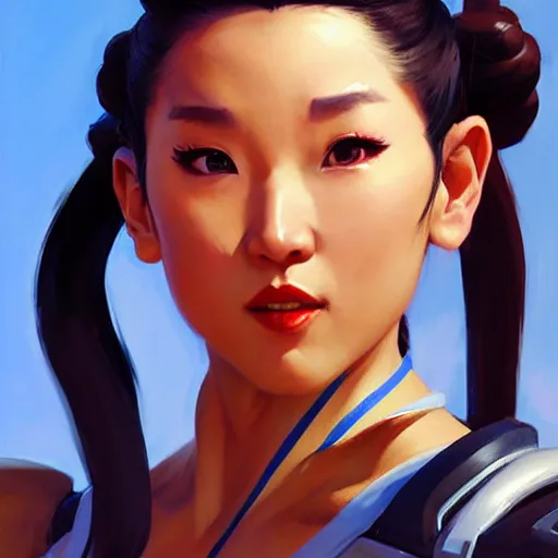 Image similar to Greg Manchess portrait painting of Chun-Li as Overwatch character, medium shot, asymmetrical, profile picture, Organic Painting, sunny day, Matte Painting, bold shapes, hard edges, street art, trending on artstation, by Huang Guangjian and Gil Elvgren and Sachin Teng