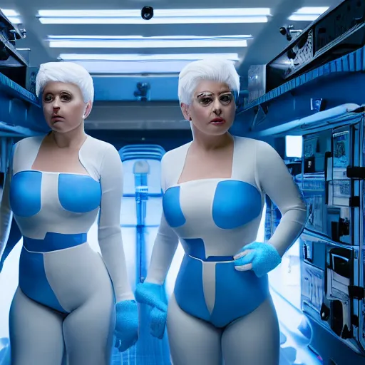 Prompt: formation of determined chubby women with white hair, white hair, tight light blue neopren suits, futuristic production facility, sci - fi, highly detailed, cinematic