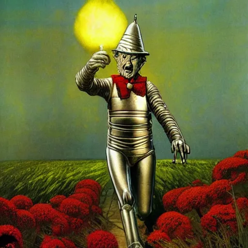 Prompt: Wizard of oz tinman, by lawrence alma-tadema and zdzislaw beksinski and norman rockwell and jack kirby and tom lovell and greg staples, artstation creature art