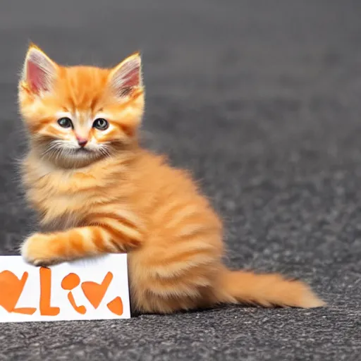 Image similar to cute fluffy orange tabby kitten with a sign that says