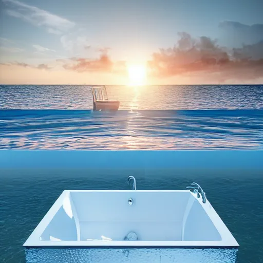 Prompt: a public bathroom floating in the middle of the ocean, sunset, beautiful, ultra realistic digital art, 4k, cgsociety, HDR, Intricate