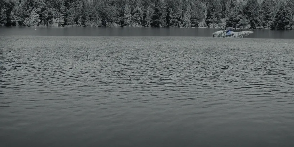 Image similar to centered photograph of a long rope zig zagging across the surface of the water, floating submerged rope stretching out towards the center of the lake, a dark lake on a cloudy day, color film, trees in the background, hyperedetailed photo, anamorphic lens