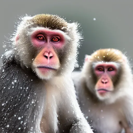 Image similar to portrait of snow monkeys, highly detailed, snow flurry, cold, steamy, desaturated, ultrarealistic, 8K, UE5, watercolor (dry brush)