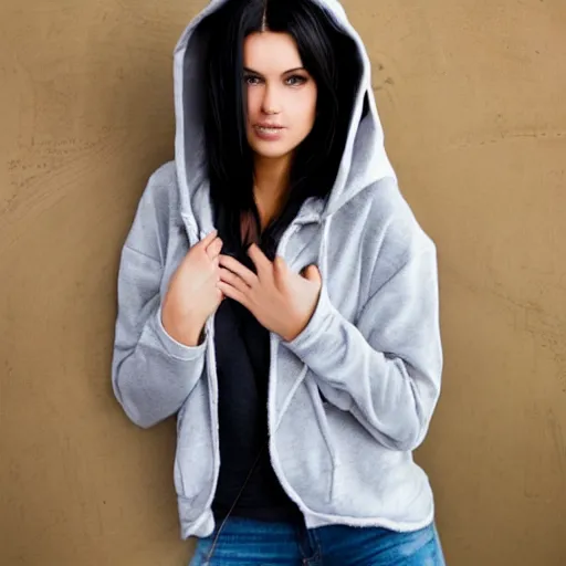 Prompt: raven haired seductive supermodel with stunning light eyes with a beautiful face, fair soft skin, wearing a hoodie, hands in pockets of tight jeans
