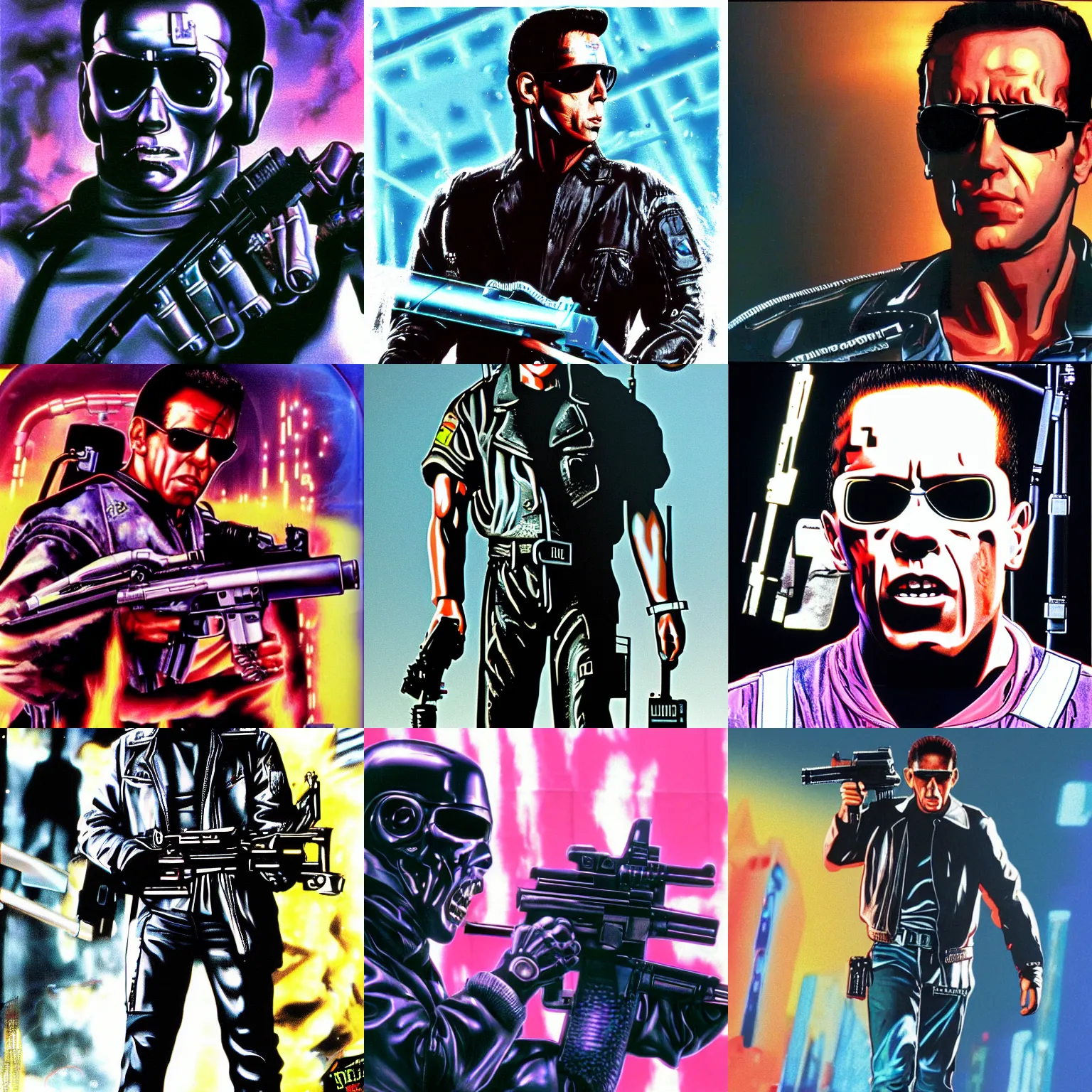 Prompt: adriano celentano as terminator, vaporwave, terminator 2 movie, scene with machine gun, poster, high detail, best scan, photorealistic, 9 0 s