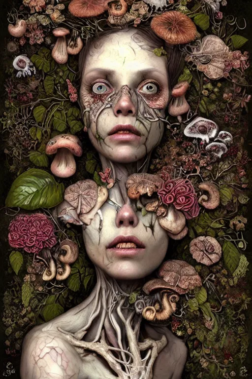 Image similar to beautiful and detailed rotten woman corpse with fractal plants and fractal flowers and mushrooms growing around, face muscles, veins, arteries, intricate, ornate, surreal, ray caesar, john constable, guy denning, dan hillier