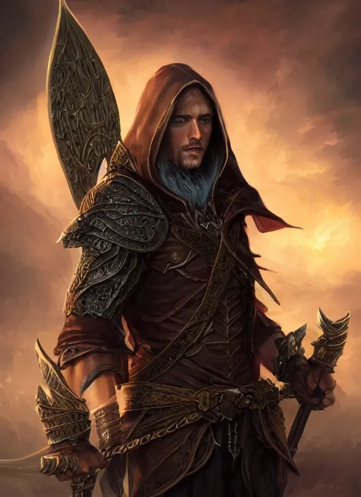 Prompt: a serious hooded half elf middle aged rogue, strong, full body, 8 k, hyperrealistic, dragon slayer, hyperdetailed, fantasy portrait by laura sava