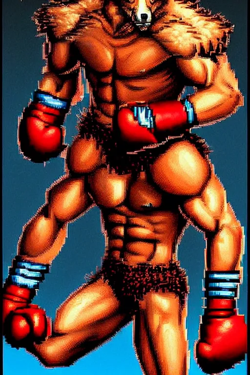 Image similar to extreme long shot. 8 bit nes graphics. antropomorphic muscular masculine wolf. kickboxer fighter, in shorts. wolf head. fine details, very sharp, art from nes game cartridge, marc simonetti and hermann nitsch