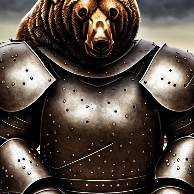 Image similar to armoured bear warrior, artgerm, highly detailed, 8 k, hdr, close up, smooth, sharp focus, high resolution, award - winning photo