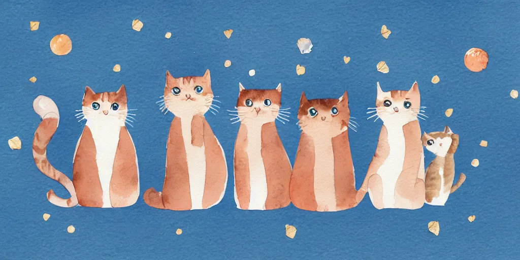 Image similar to watercolor illustration style, group of cute cats with blue wings