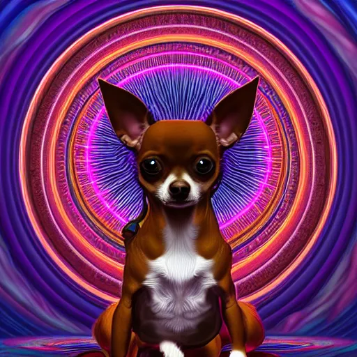 Prompt: a chihuahua with a third eye living in an extradimensional reality, in the style of wlop and alex grey, illustration, epic, fantasy, hyper detailed, smooth, unreal engine, sharp focus, ray tracing, physically based rendering