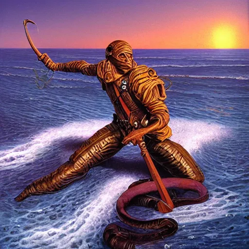 Prompt: lone soldier fighting sea serpent, illustration by Michael Whelan, imaginative realism, fantasy art, visionary art, acrylic, smooth blending