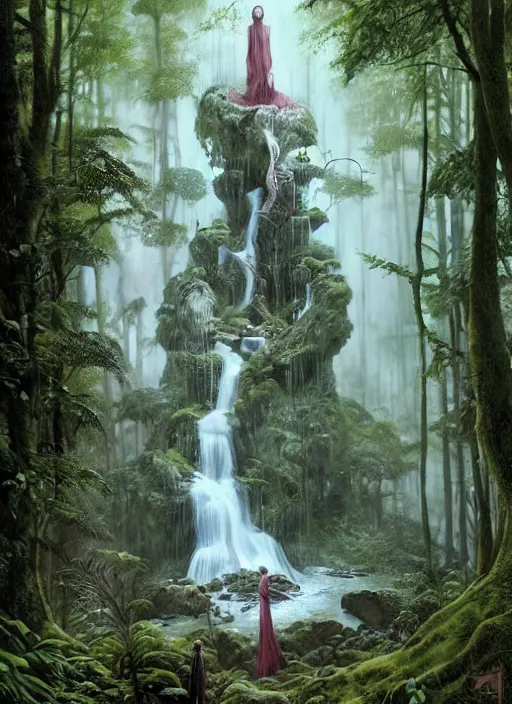 Image similar to a hyper realistic architectural witch shrine under a waterfall in the woods, gorgeous lighting, lush forest foliage, painting by chiara bautista and tom bagshaw, muca beksinski and norman rockwell and greg rutkowski weta studio, and lucasfilm