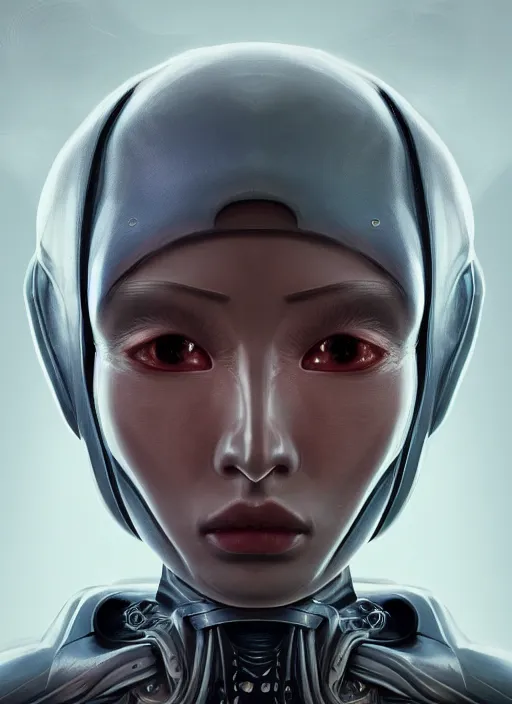 Image similar to beautiful portrait of an alien cyborg, style of Feng Zhu, Artstation geometric, aesthetic, big eyes, smooth skin, angelic, unique features, symmetrical, intricate crown, high fashion, streetwear, cyberpunk, detailed, octane render, cinematic, 8k, brown skin, retro sci fi film, Stanisław Szukalski + Moebius,