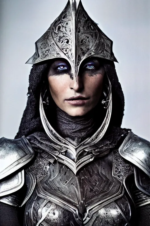 Image similar to head and shoulders portrait of an eldritch knight, drow, dark elf, shadar kai, female, breastplate, magical, high fantasy, d & d, by annie liebovitz, face details, extremely detailed, vogue fashion photo