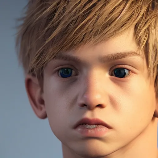 Image similar to detailed face of boy with blonde hair and brown eyes, unreal engine 5 rendered, incredibly highly detailed and realistic, 8 k, sharp focus, studio quality