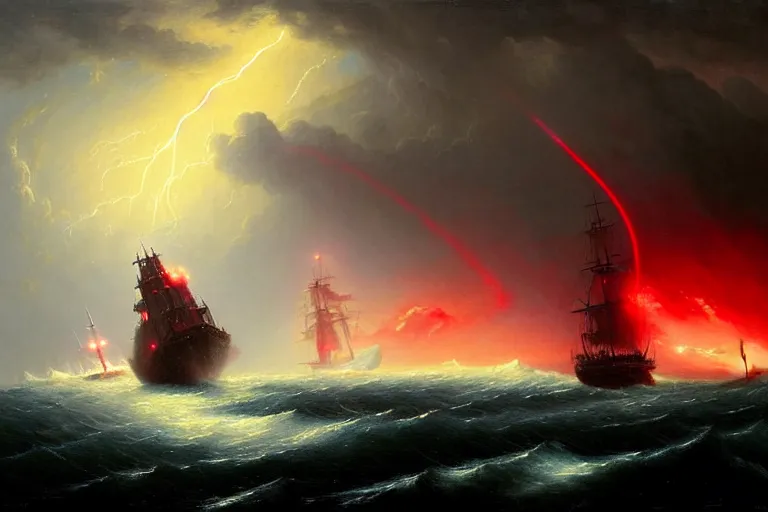 Image similar to A beautiful matte painting of huge alien spaceship attacking with powerful red lasers a Sailship in ocean in thunderstorm by Greg Rutkowski and Ivan aivazovsky