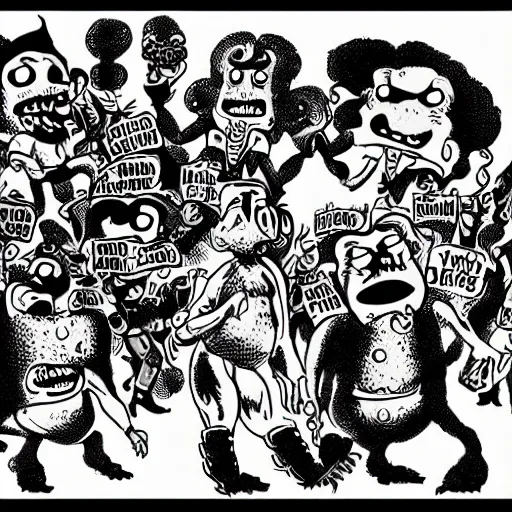 Prompt: repressed emotional monsters and creatures starting a fiery revolution in the psyche, in the style of vintage black and white Fleischer cartoons