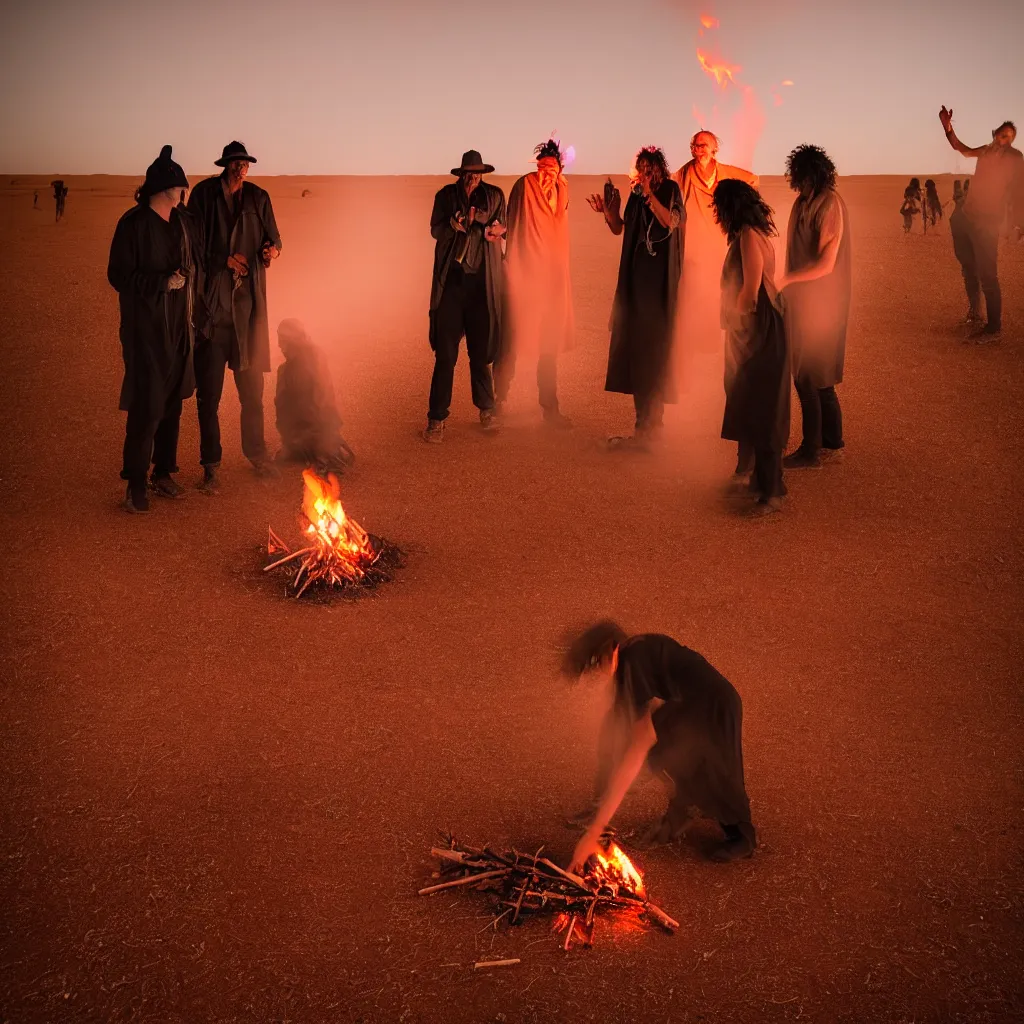 Image similar to atmospheric long exposure night photograph of three ravers, two men, one woman, woman is in a trenchcoat, blessing the soil at night, people facing fire circle, two aboriginal elders, dancefloor kismet, diverse costumes, clean composition, desert transition area, bonfire, atmospheric night, australian desert, symmetry, sony a 7 r