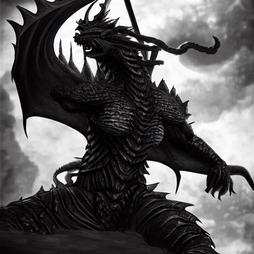 Image similar to dragon slayer in the style of kentaro miura, 4 k, 8 k, absolute detail of even the smallest details and particles, beautiful shadows, beautiful art, black and white drawing, high rendering of the details of the environment, faces and characters