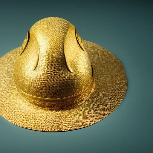 Image similar to photograph of a golden hat shaped like a frog