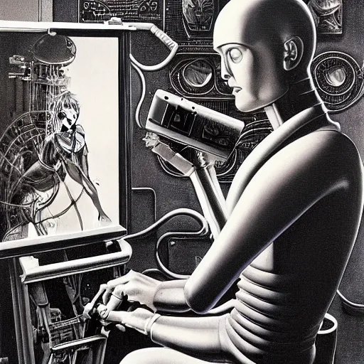 Image similar to robot artist artist painting a self portrait, by clyde caldwell, james c. christensen, h. r. giger, george tooker