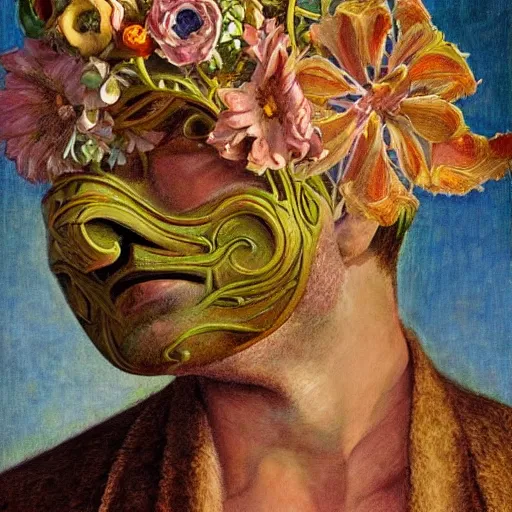 Image similar to masterpiece painting of a doug stanhope made of stylized flowers, by annie swynnerton and jean delville and tino rodriguez, flower mask, art deco shaman, symbolist, dramatic lighting, god rays, elaborate geometric ornament, clean crisp graphics, soft cool colors, smooth, sharp focus, extremely detailed