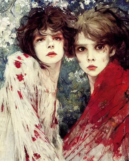 Image similar to two gorgeous but creepy siblings in layers of fear, with haunted eyes and wild hair, 1 9 7 0 s, seventies, wallpaper, a little blood, crimson moonlight showing injuries, delicate embellishments, painterly, offset printing technique, by coby whitmore, jules bastien - lepage