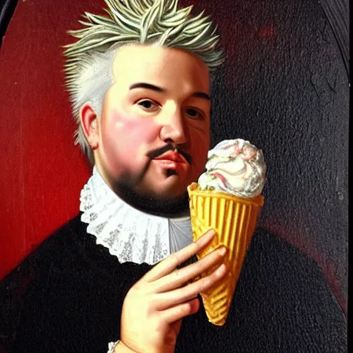 Image similar to a 1 6 0 0 s portrait painting of guy fieri holding an ice cream cone, intricate, elegant, highly detailed