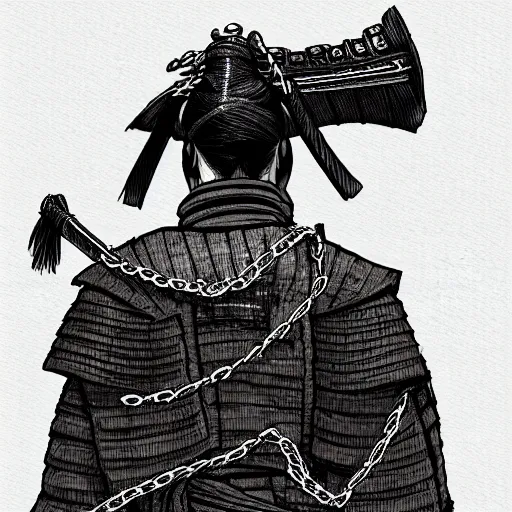 Image similar to A PORTRAIT FROM BEHIND OF A SAMURAI ,THE THE MAN IS WRAPPED IN CHAINS ,detailed, concept art, ink style , sketch