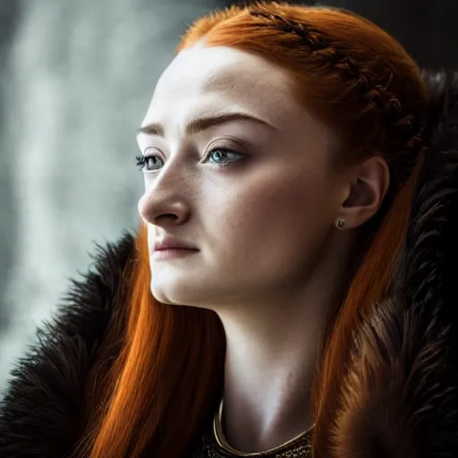 Image similar to portrait beautiful sansa stark, high detail, dark dramatic light