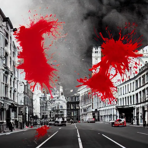 Image similar to A British European City with cars and people roaming inside of the city, certain aspects of the background are lens blurred, splatters of red and red paint circle significant parts of the city, blots of red paint, some of the people are even painted red, black and white photograph painting, real life, realistic, hyperrealistic, very realistic, photo photograph, photo, photograph, painting, oil painting, ultra realistic, very detailed, extremely detailed, highly detailed, HD Quality, 4k resolution, 8k resolution, trending on artstation, in the style of an Album Cover, cool, epic, nostalgic, intricate details