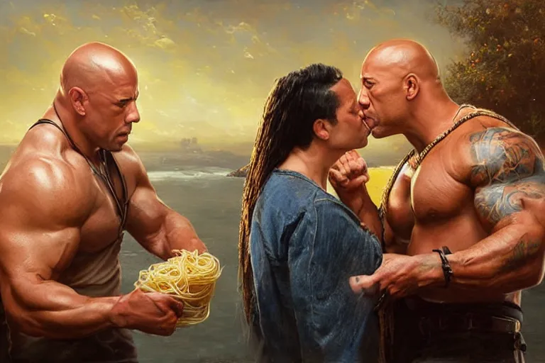 Image similar to portrait of vin diesel and dwayne the rock johnson sharing spaghetti noodle kiss, an oil painting by ross tran and thomas kincade