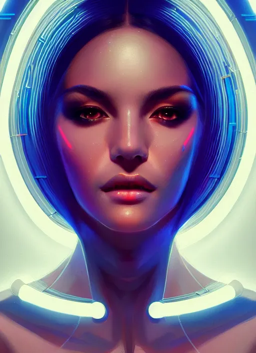 Image similar to portrait of female humanoid from 6 0 s era, intricate, elegant, cyber neon lights, highly detailed, digital painting, artstation, glamor pose, concept art, smooth, sharp focus, illustration, art by artgerm and greg rutkowski