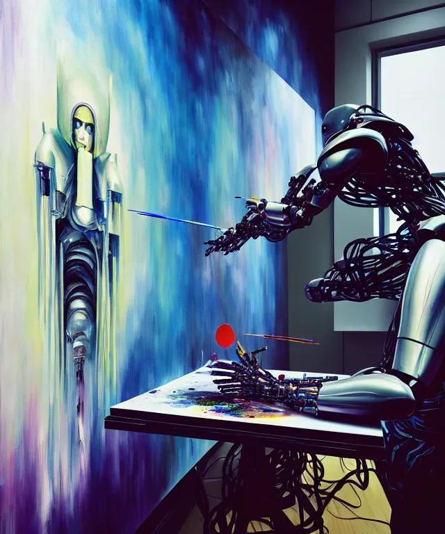 Image similar to photo of futuristic holy futuristic cyborg - robot - painter - artist creating a painting with acrylic paint and brushes in a futuristic artist studio by h. r giger, by, rich deep colors. masterpiece, intricate artwork by tooth wu and wlop and beeple, gaspar noe, james cameron,