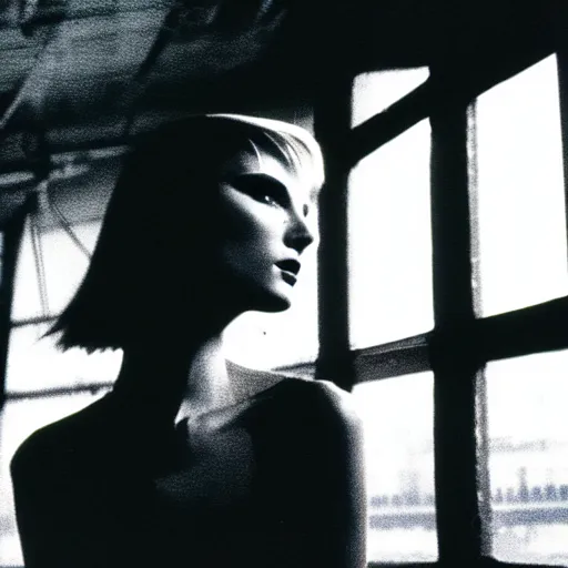 Image similar to runaway beautiful supermodel replicant looking out the window in a dirty abandoned factory, short blonde hair, still from closed circuit tv footage, high angle