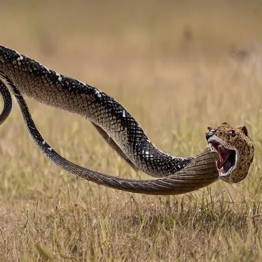 Prompt: award - winning nature photography of a snake preparing to attack a hyena