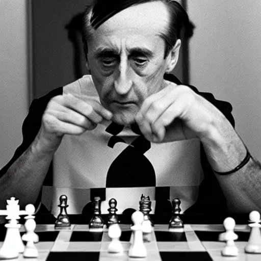 Prompt: a of Marcel Duchamp playing chess, reuters by Trent Parke