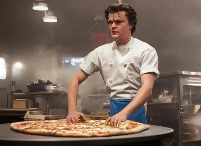 Image similar to Film Still of Steve Harrington working in a pizza parlor making pizza in the new Stranger Things episode, 4k
