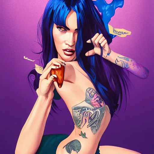 Prompt: beautiful Megan Fox purple hair tattoos eating a big mac hamburger, full body fantasy art icon, 2d art gta5 cover, dripping BBQ Sauce, serving burgers, official fanart behance hd artstation by Jesper Ejsing, by RHADS, Makoto Shinkai and Lois van baarle, ilya kuvshinov, rossdraws