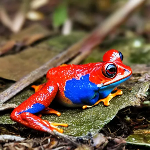 Prompt: photograph of a red frog and a blue bird