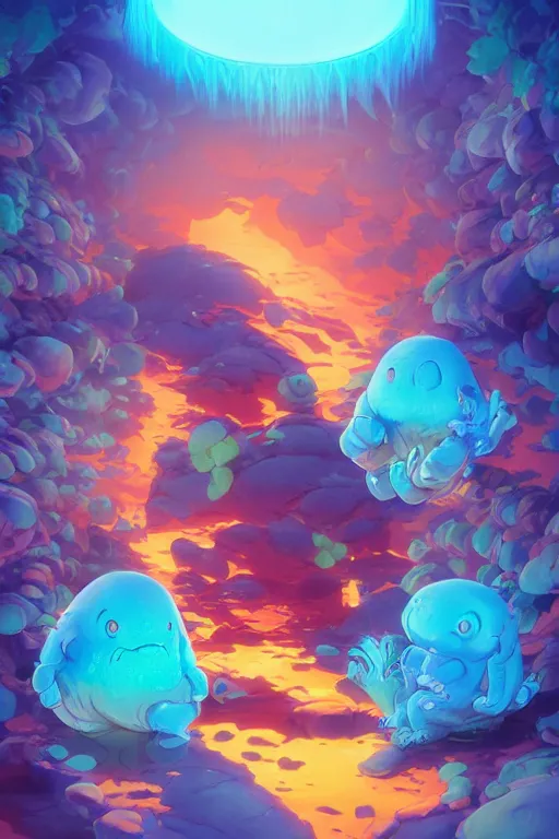 Image similar to smurf ghost creature animal sushi cristal very big eye roots cactus elemental flush of force nature micro world fluo fishscale, behance hd by jesper ejsing, by rhads, makoto shinkai and lois van baarle, ilya kuvshinov, rossdraws radiating a glowing aura global illumination ray tracing hdr