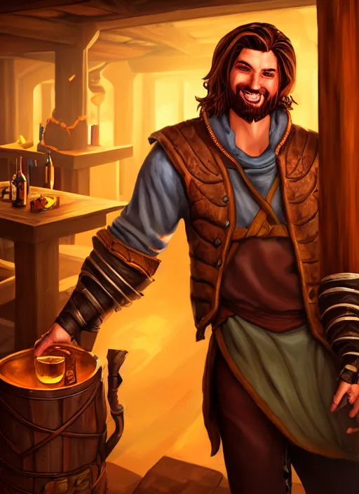 Image similar to An epic fantasy comic book style portrait painting of a handsome young man with brown wavey hair, wearing thief clothing in a tavern and smiling with a wooden tankard in hand, unreal 5, DAZ, hyperrealistic, octane render, cosplay, RPG portrait, dynamic lighting