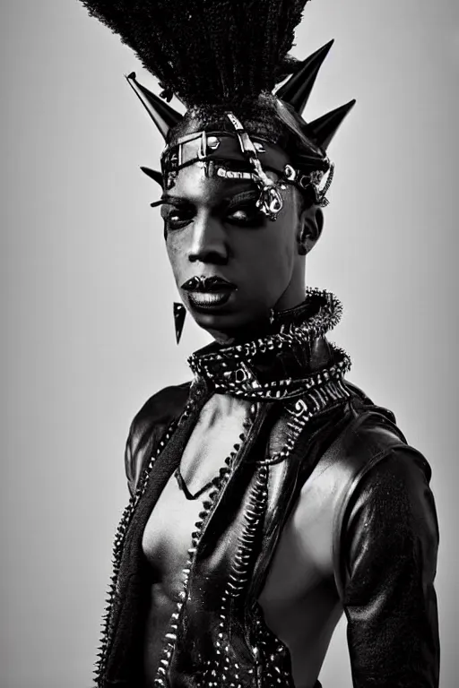 Image similar to a black african genderqueer person in a black leather outfit with spikes on their head, a high fashion character portrait by christen dalsgaard, featured on behance, gothic art, androgynous, genderless, gothic