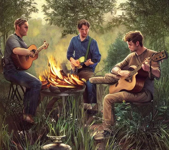 Image similar to three guys talking in the backyard with a barbecue and a bonfire, one guy playing guitar, evening, fantasy, intricate, elegant, highly detailed, digital painting, artstation, concept art, smooth, sharp focus, illustration, art by artgerm and H R Giger and alphonse mucha