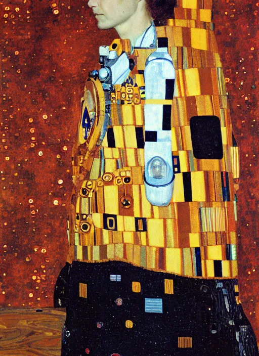 Prompt: woman astronaut in profile, symmetrical, painting by gustav klimt, detailed, ambient lighting, photo realistic, 8 k
