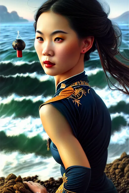 Image similar to photorealistic portrait of a dark mystical goddess wearing a qipao dress, ao dai, big sun rough sea and jagged rocks, nets, plastic bottles, garbage, sand and sea, golden hour, environmental, fantasy, atmospheric, hyper realistic, artstation, art by artgerm, andres rodriguez and john william waterhouse