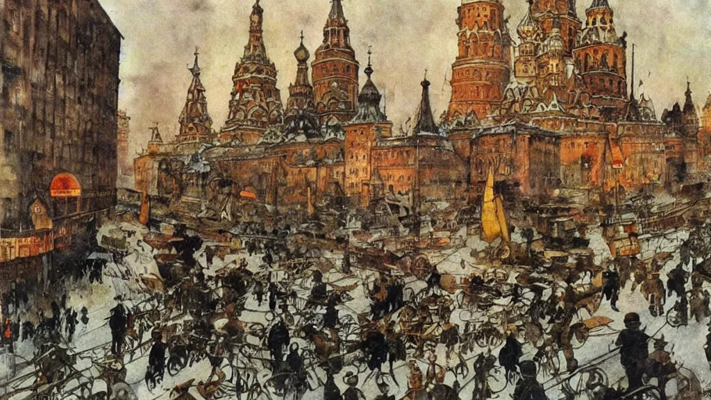 Image similar to russian revolution dieselpunk 1 9 1 0 cityscape, painting by carl larsson